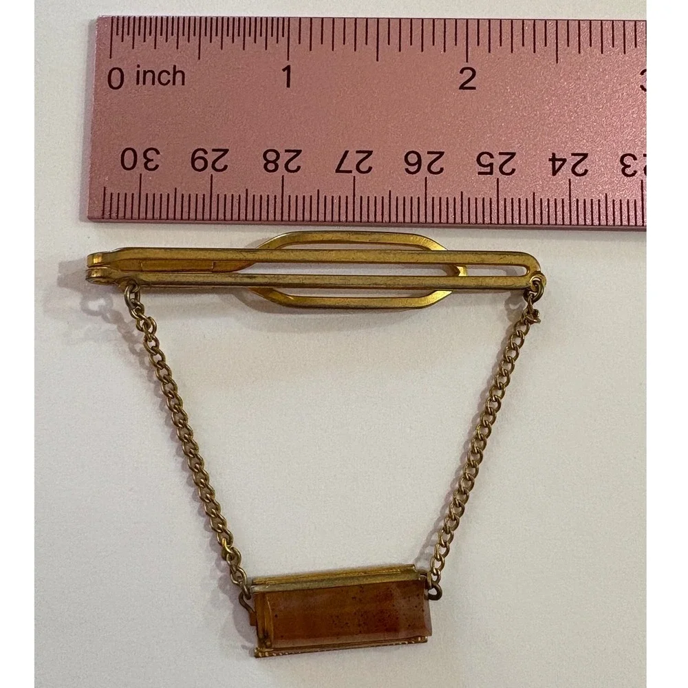 Anson Tie Clip Bar Vintage Gold Tone with Amber Stone Elegant Mens Jewelry 1960s